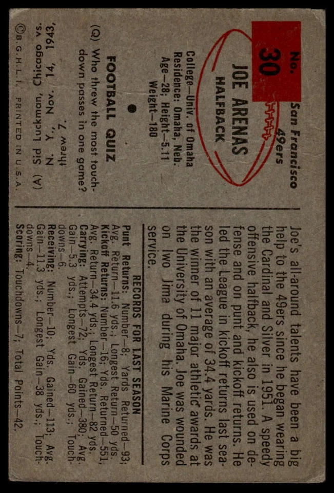 1954 Bowman #30 Joe Arenas - Image 2 of 2