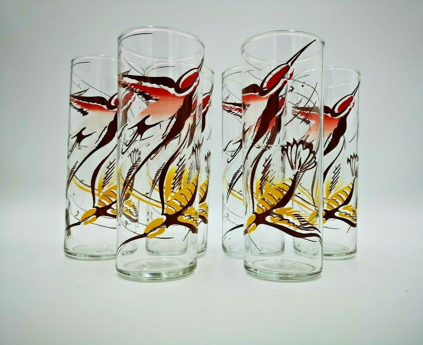 Stunning set of six HUMMINGBIRDS vintage Tom Collins Highball glasses