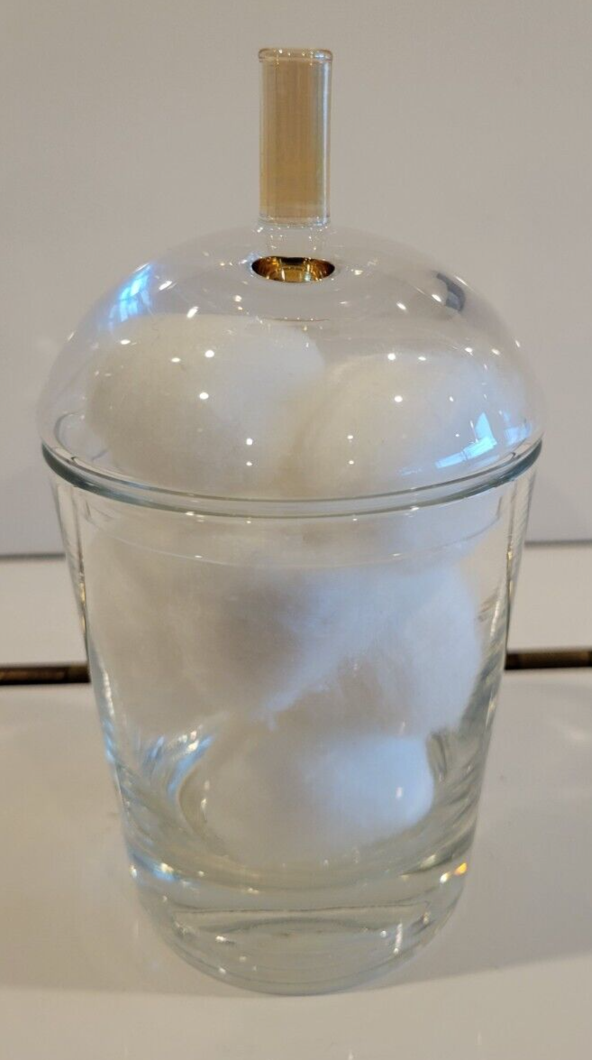 CLEAR GLASS COTTON BALL HOLDER WITH POINTED AMBER COLOR LID 5.75 INCHES