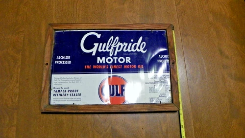vtg gulfpride motor oil metal sign framed