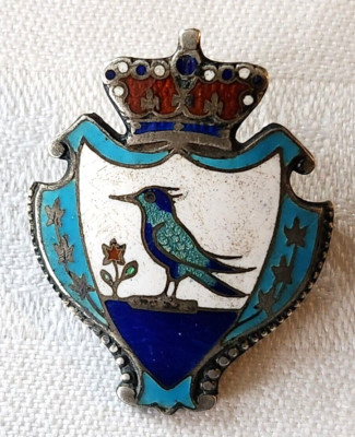 Vtg. Ballou Enamel Crown Shield Bluejay Coat of Arms Reg'd 1901, Sterling Silver