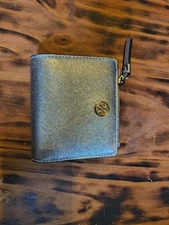 Tory Burch Bi-Fold Wallet Silver W/ Gold Hardware Leather