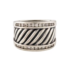 David Yurman 925 Sterling Silver Cable Cigar Band Ring Womens 6 Pave Diamonds