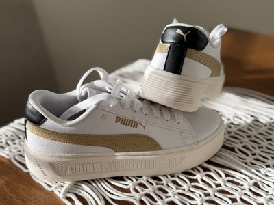 Women s Puma Smash Platform v3  - white/khaki form strip/black heel - size 7