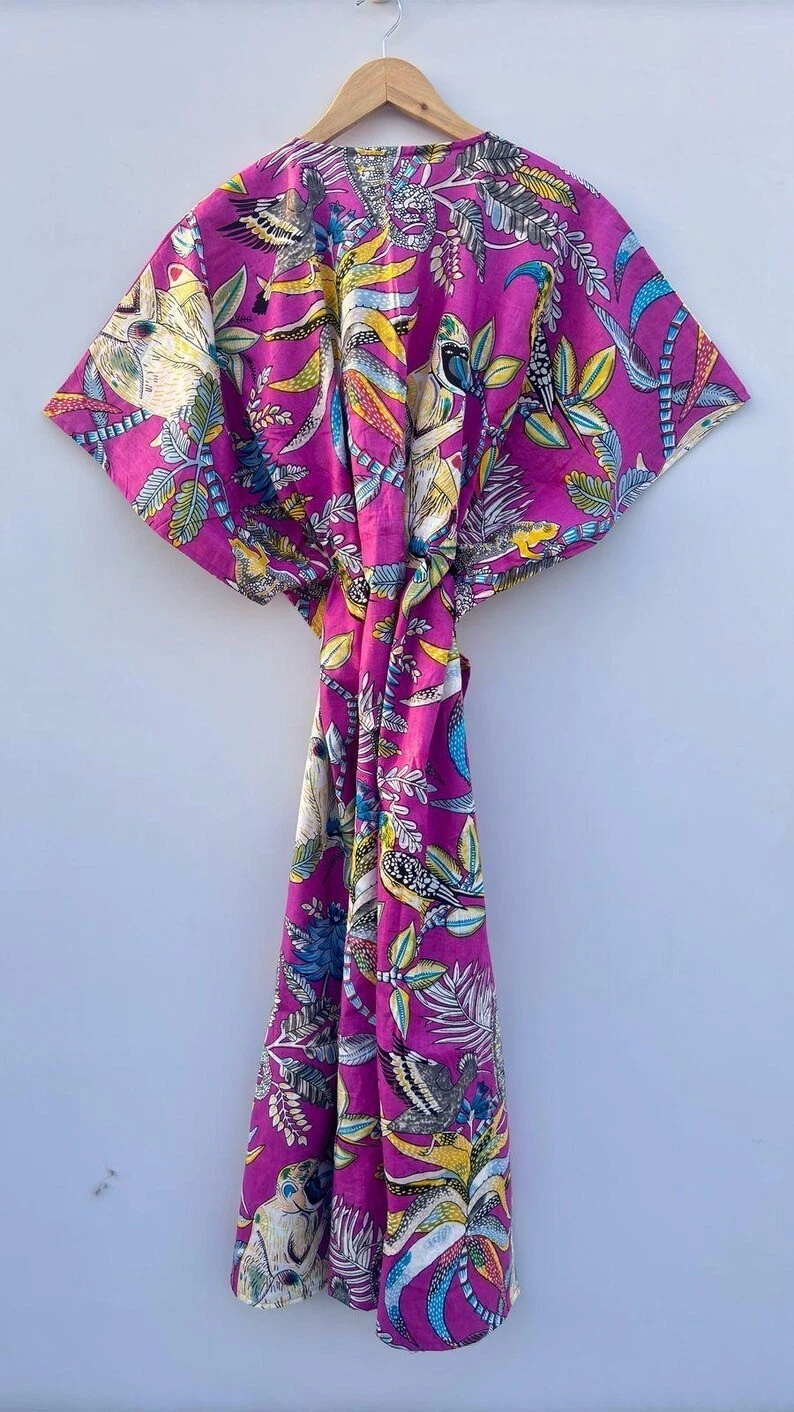 Indian Cotton Pink Monkey Printed Kaftan Dress Women's Clothing Kaftan Dress US