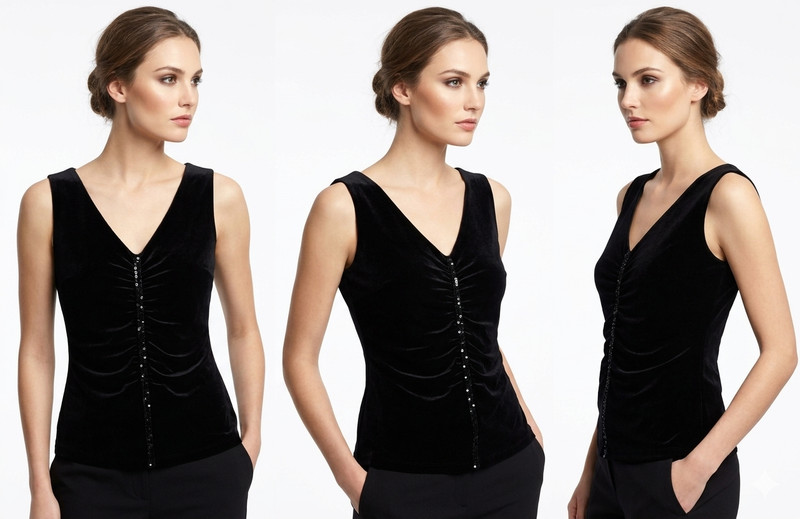Black Sleeveless Ruched Top Sequin V-Neck T-Shirt Tank Club Party Work Crop Sexy