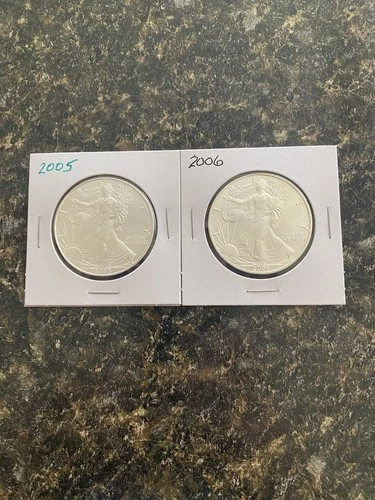 Vintage American Silver Eagle $1 Coins (lot Of 2): 2005 & 2006 UNC .999 Silver