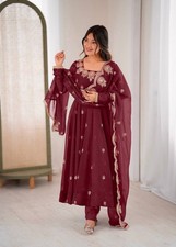 Latest Designer Crunchy Silk Maroon Gown Bottom With Dupatta For Reception Wear