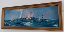 George R. Deakins small oil painting nautical sailing boats framed 49/19cm