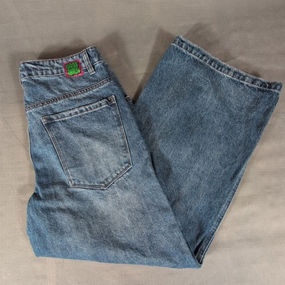 #ad Empyre Size 4 Embroidered Skate Jeans Baggy Wide Leg Blue High Waisted $25.00