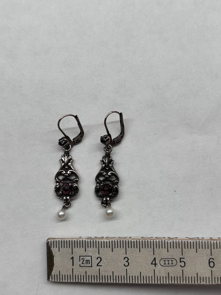 Ohrringe Ohrhänger mit Granat Silber vergoldet Antiklook Vintage - Bild 4 von 4