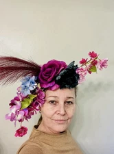 Fascinator, Derby Hat, Tea Party OOAK Purple, Dark Blackish Blue Burguny Flowers