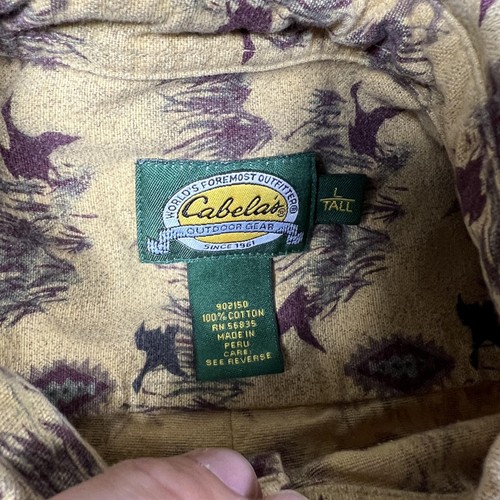 Cabelas Shirt Mens Large Tall Tan Bird Dog Hunting Print Button Up Outdoors - Picture 4 of 11