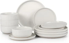 Stoneware Dinnerware Set, 12 Piece Plate and Bowl, Family Dinnerware Set