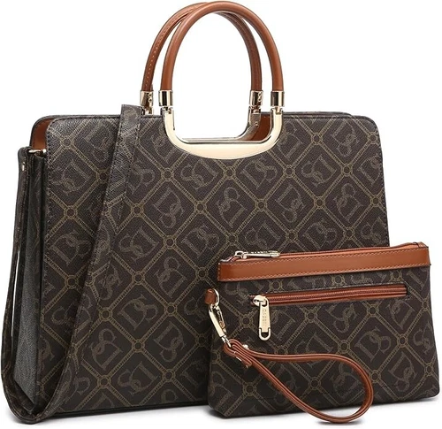Handbags women, Brown w/ gold accents,  14.5"W x 11"H x 4"D, handle drop4.7"