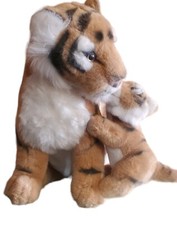 Raro Peluche Tigre Madre y Cachorro 15.5" Animales de la Selva Con Bebé Fiesta Realista