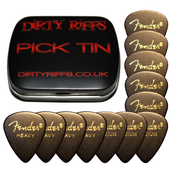 12 x Fender Classic Celluloid Black Picks In A Handy Pick Tin - 4 Of Each Size