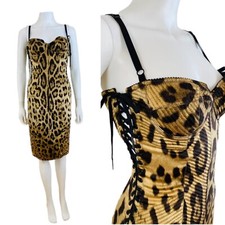 Vintage Dolce + Gabbana Stretch Silk Animal Leopard  Corset Lace Up Wiggle Dress