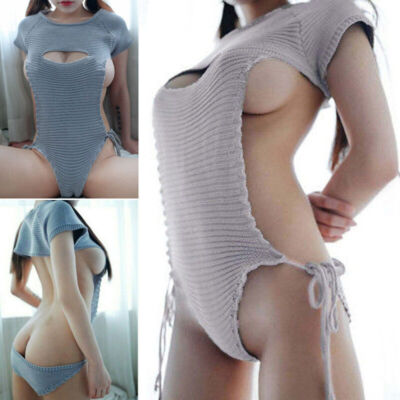 Sexy Backless Sweater Bodysuit Dress Open Back Skirt Virgin Killer Pullover