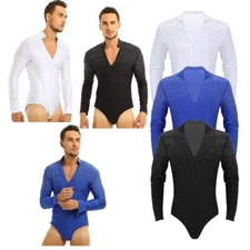 Mens Latin Ballet Ballroom Dance Leotard Long Sleeve Shiny Rhinestones Shirts