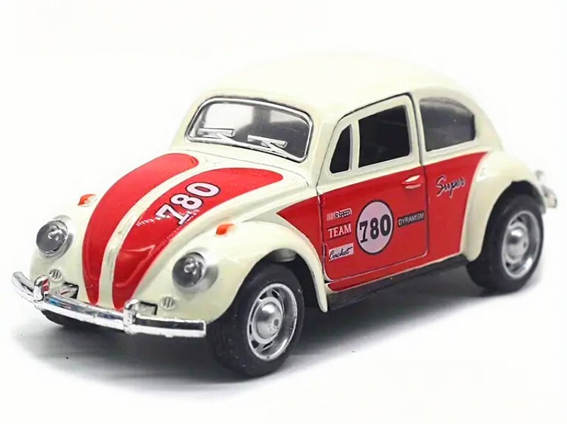 2024 QHT White & Red VW Beetle Pull-Back Car with Opening Doors & Fine Details | Kids Toy Gift Idea