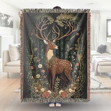 Enchanted Stag Woven Blanket Throw Medieval Tapestry Nature Fantasy Deer Decor
