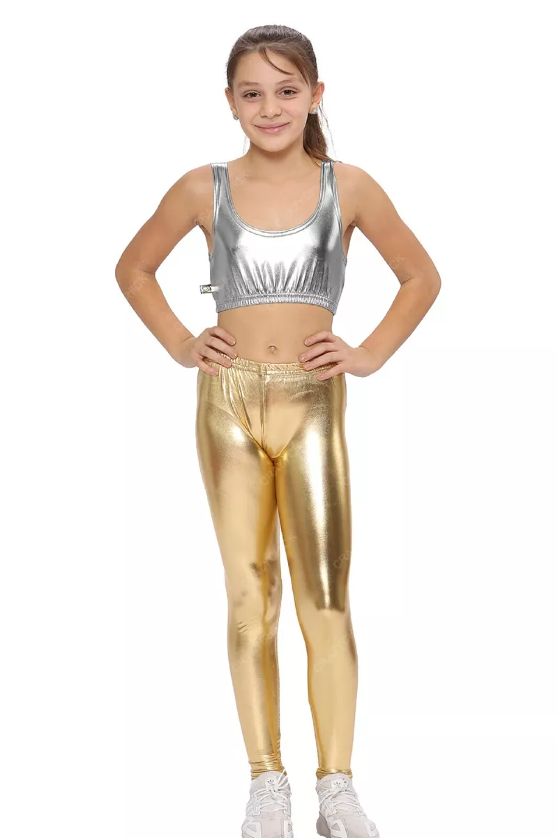 Girls Children's Gold Shiny Metallic Leggings Wet Look Dance Wear Show  Bottoms