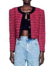 Sandro Women's Amarante Tweed Crop Blazer in Pink /Black Size 38  US 6 21292