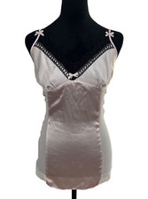 Linea Donatella Pink Satin Chemise Lingerie Sz L Black Lace Bow Tie Sheer Eyelet