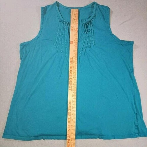 New York & Company Sleeveless Tank Top V Neck Ruffles Teal Large 100% Cotton - Picture 2 of 5