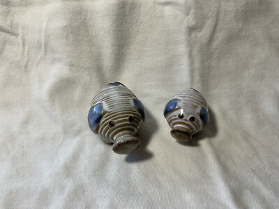 Blue & White Glazed Pottery Pig Figurines (LOT Of 2) Mama & Baby Coil Pattern