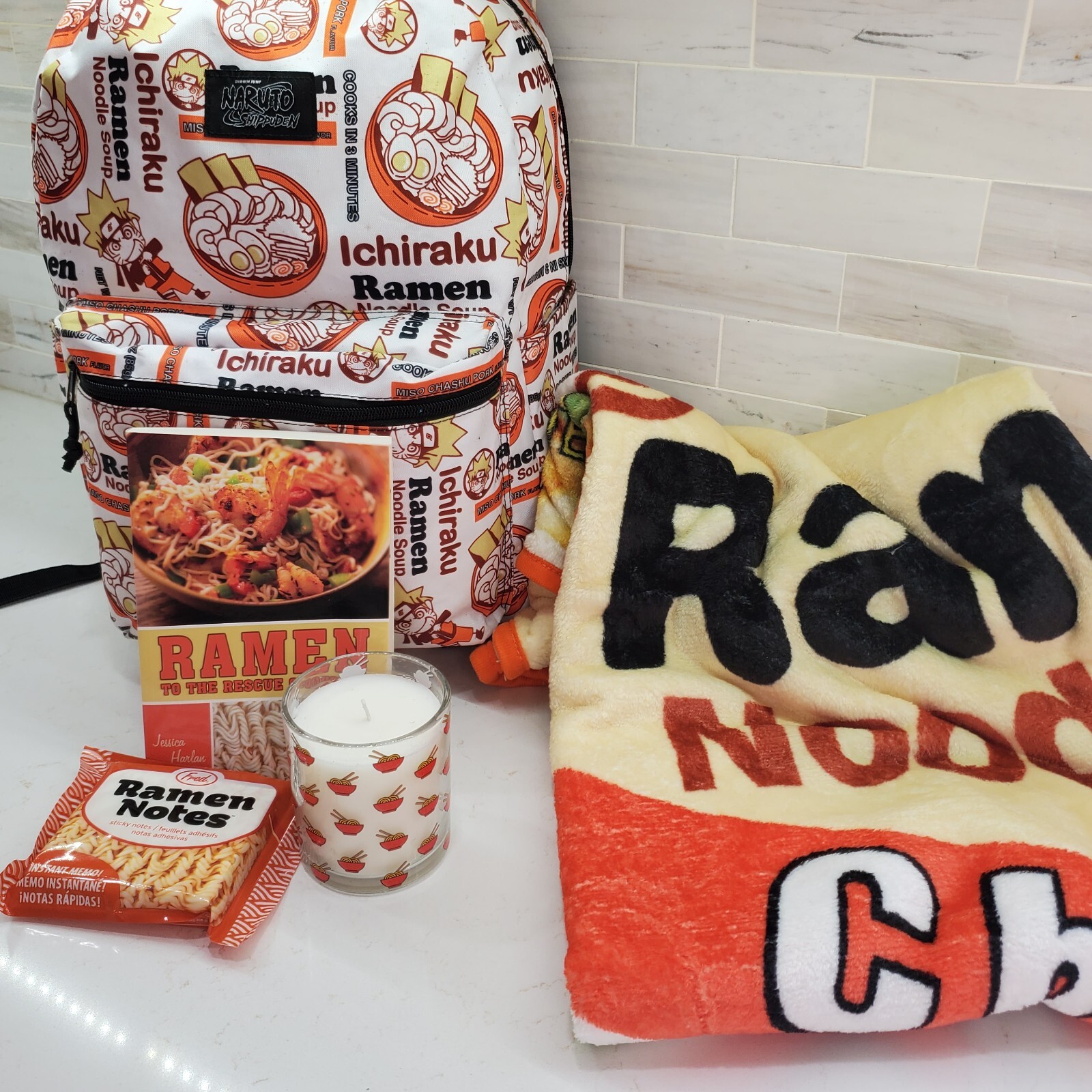 RAMEN NOODLE Gift Set - Backpack Blanket Candle Notepad Cookbook Fun & Useful