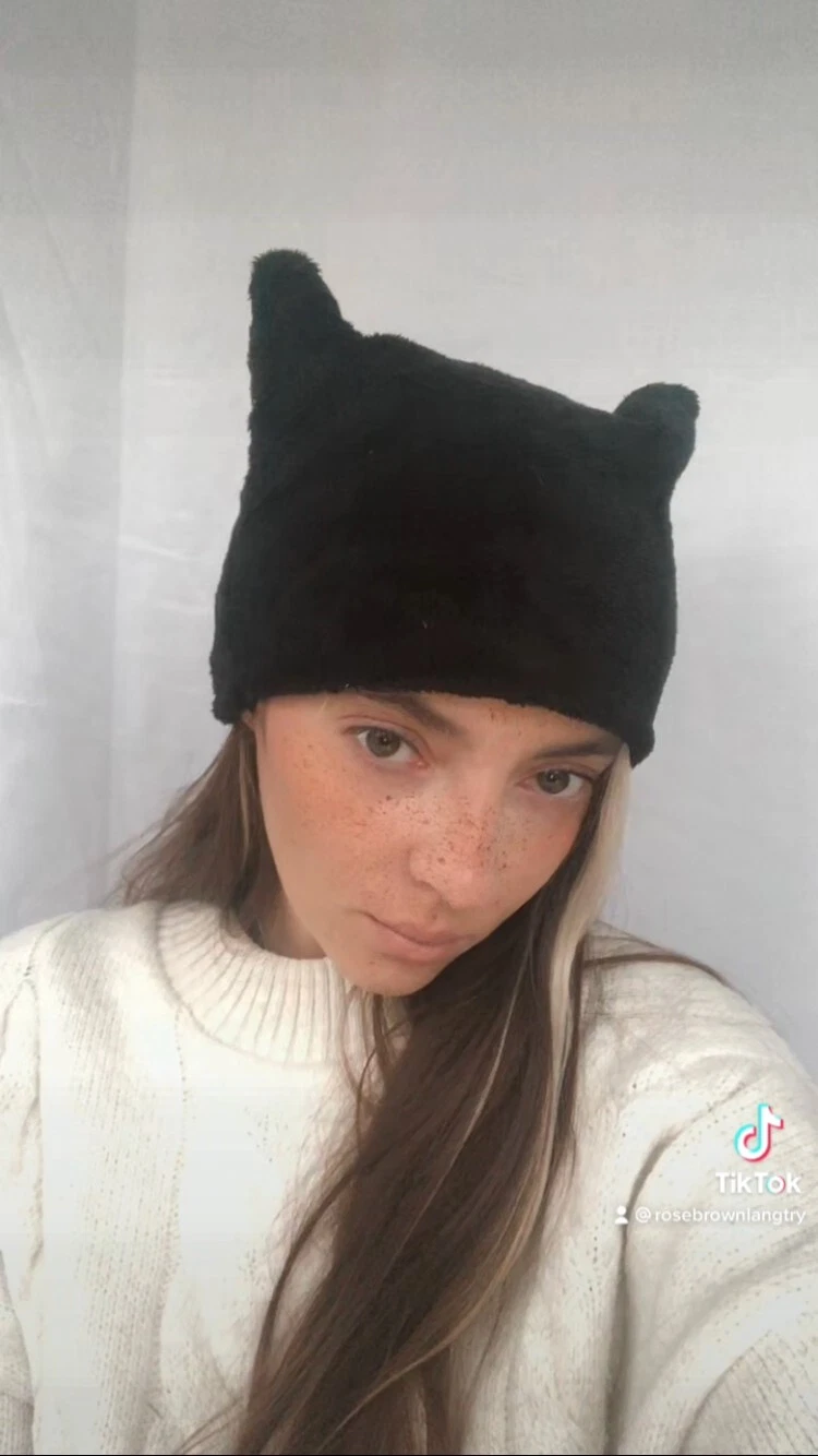 Women's beanie hat with ears fleece warm winter cat devil