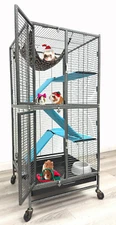 Deluxe Two Story Double Unit 4-Tiers Ferret Hammock Rats Critter Cage On Wheels