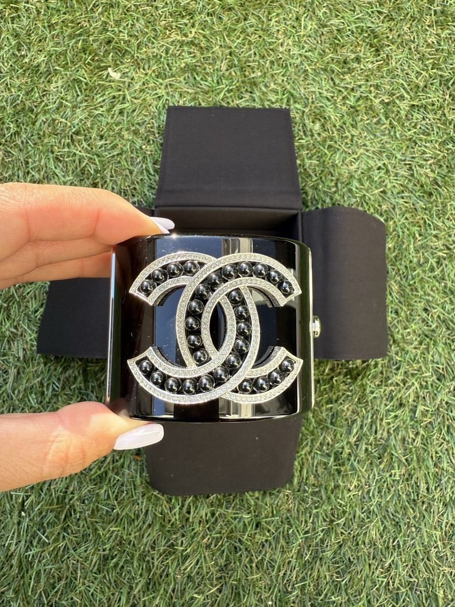 Chanel 18A Black Resin CC Logo Beads Pearls Crystal Cuff Bracelet