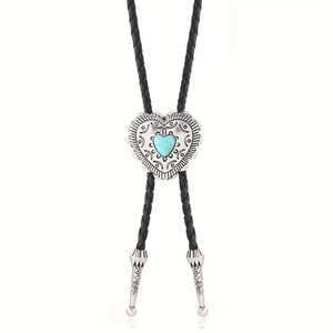 Western Bolo Leather Cord Southwestern HEART Silver Bolo Tie