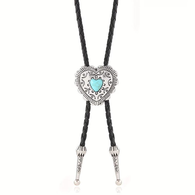 Western Bolo Leather Cord Southwestern HEART Silver Bolo Tie