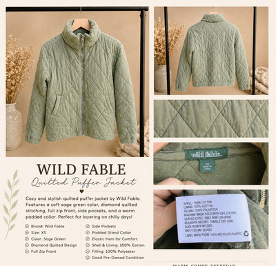 Wild Fable Green Quilted Puffer Jacket XS Short Relaxed Fit Full Zip Pockets