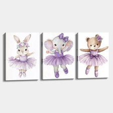 Nursery Canvas Wall Art 3 Piece Bunny Elephant Bear with Purple Skirts Pictur...