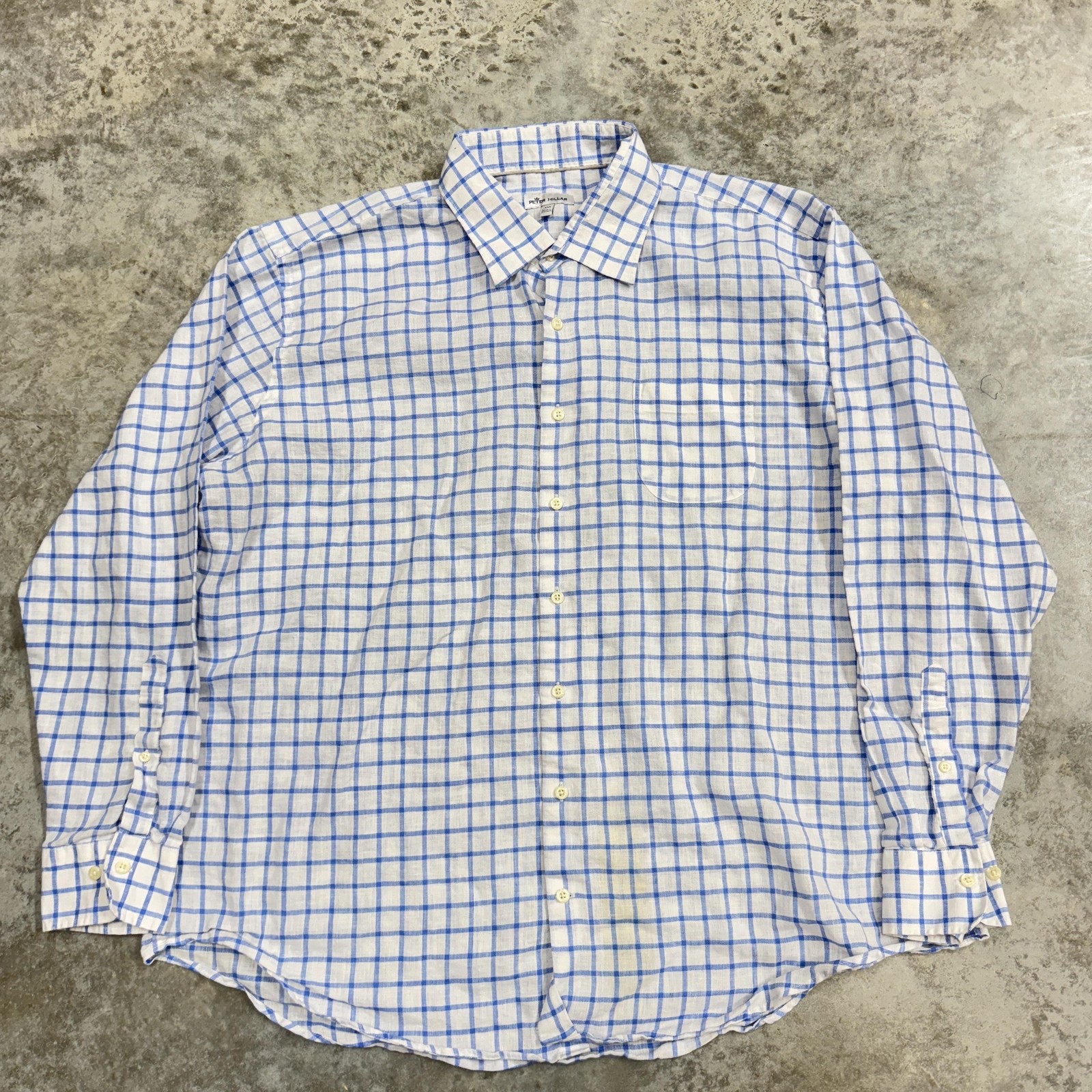 Peter Millar Shirt Mens 2XL Blue White Linen Blend Plaid Button Down Casual