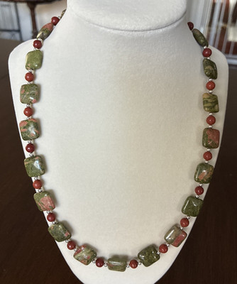 Vtg DTR Jay King Sterling Silver Square Unakite Green Pink Beaded 23'' Necklace