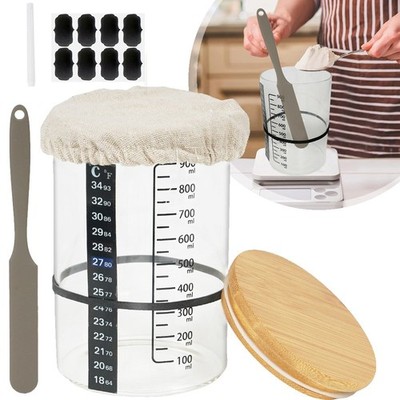 Sauerteig Gärglas Set Sauerteig-Gärbehälter mit Holzdeckel Temperaturaufkleber