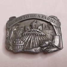 Vintage 1984 Pewter Belt Buckle "Proud To Be A Farmer" By Siskiyou Co.