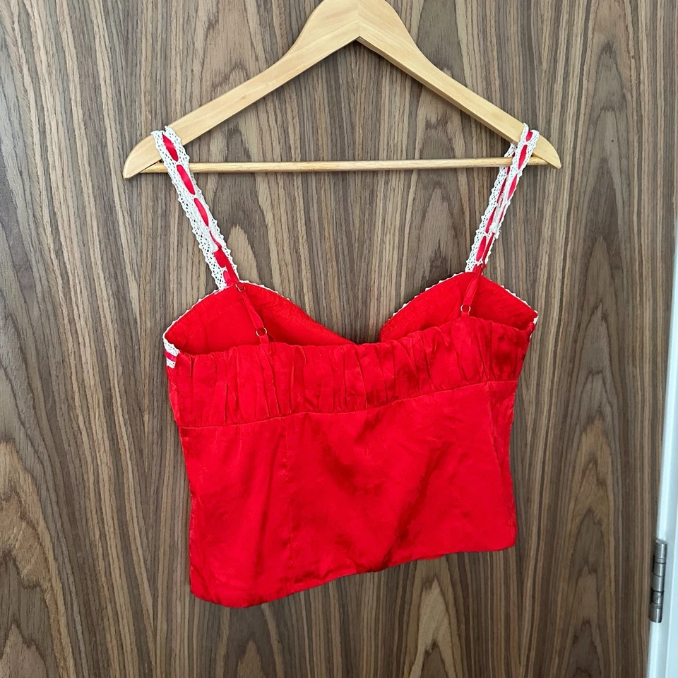 Kiss The Sky Red Satin Lace Straps Jacquard Tie Button Front Crop Top M NEW - Image 4 of 4