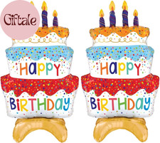 2Pcs 39" Happy Birthday Cake Foil Balloons, Giant Self-Standing Three Layer Birt