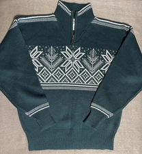 Vintage MEISTER Ski Sweater, Mens M, Zip Mock Neck, Hunter Green & White Nordic