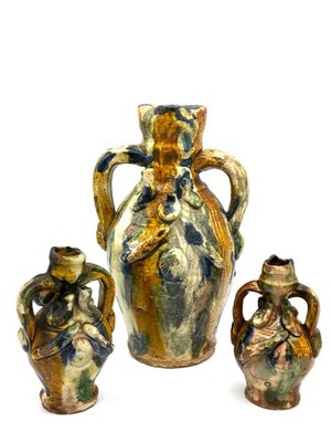 Antique Vtg Italian Majolica Pottery Vases Jugs Double Handled Rustic Set of 3