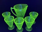 Vintage Uranium Glass Jeanette “FLORAL”Poinsettias 8” Pitcher-5 Serving Glasses