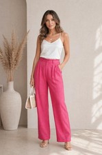 ESCADA Women's Dress Pants Pink SILK LINEN US16 EU46 Straight Wide Leg High Rise