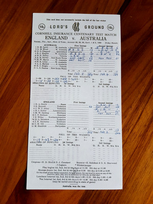 ENGLAND V AUSTRALIA CENTENARY TEST SCORE CARD CRICKET LORDS 1980